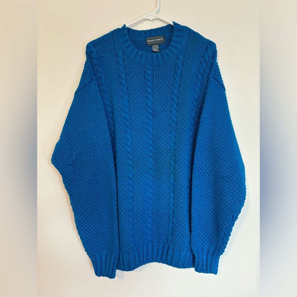 Vintage 90s Cable Knit Thick Nautical Pullover Sweatshirt • Mens Large Blue